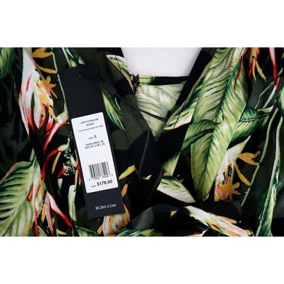 BCBGMAXAZRIA Women's Sz S Black Bird of Paradise One Sleeve Printed Top - Picture 4 of 6